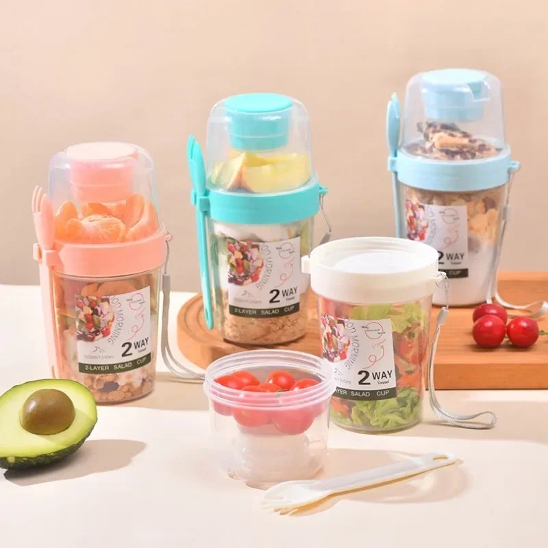 Portable Salad Cup Double Oatm - Salad Container Jar 评论和价格