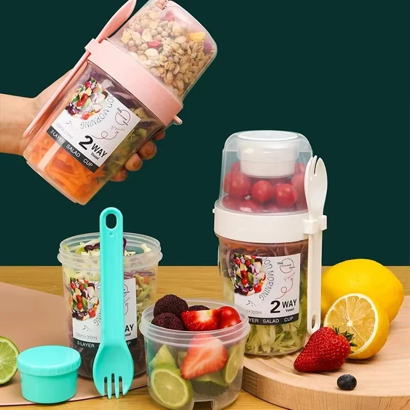 Portable Salad Cup Double Oatm - Salad Container Jar 评论和价格
